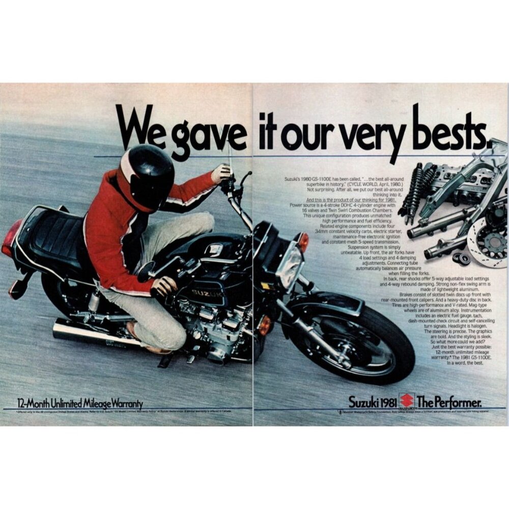 1981 Suzuki GS-1100E Cruiser Motorcycle 2 Page Vintage Print Ad 80s Wall Art
